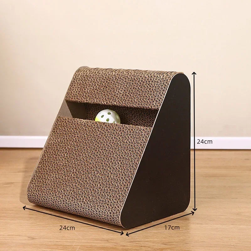 Rascador para gatos 2 en 1 de cartón con bola giratoria, resistente al desgaste, con forma de triángulo, estructura vertical para escalar.