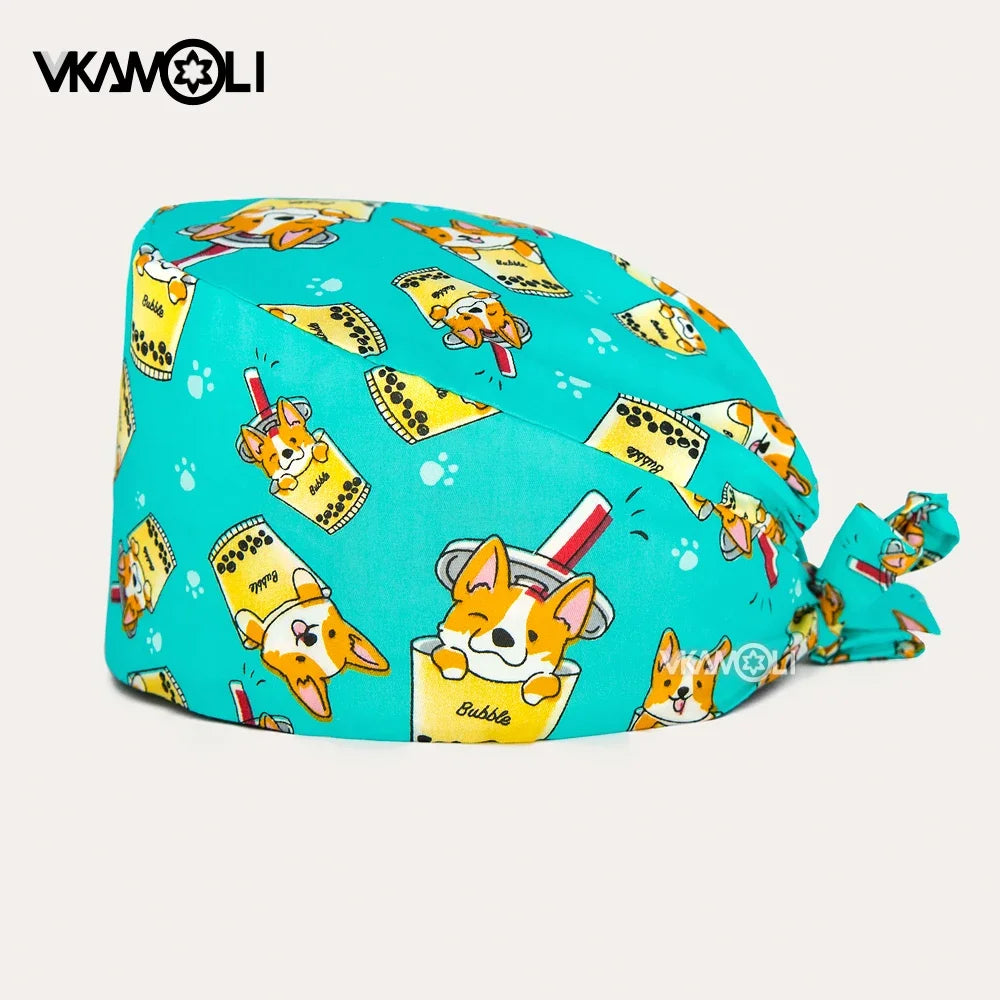 Gorro quirúrgico de algodón con estampado de dibujos animados multicolor para peluquería de mascotas, ajustable, para salón de belleza, enfermería, médico y enfermera.