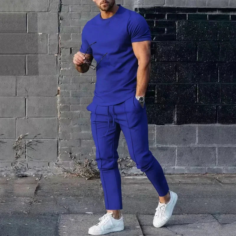 Conjunto deportivo para hombre, otoño 2023, verano, liso, informal, cuello redondo, manga corta, camiseta deportiva, conjunto de dos piezas para hombre
