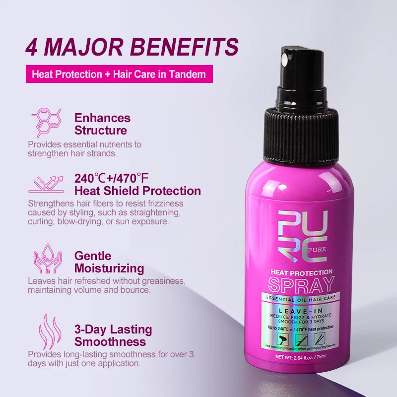 Spray protector térmico PURC Aceite de coco Control del frizz y brillo para todo tipo de cabello Protección térmica hasta 470 °F Cuidado del cabello