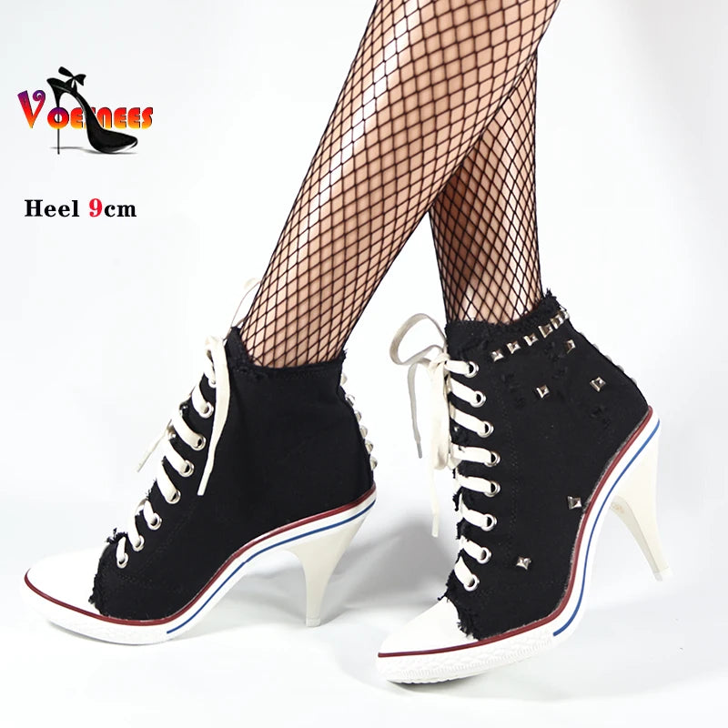 Botas cortas de mezclilla para mujer, botines con tachuelas y tacones altos, botas de mujer con remaches, tacones altos finos con cordones, zapatos de mezclilla