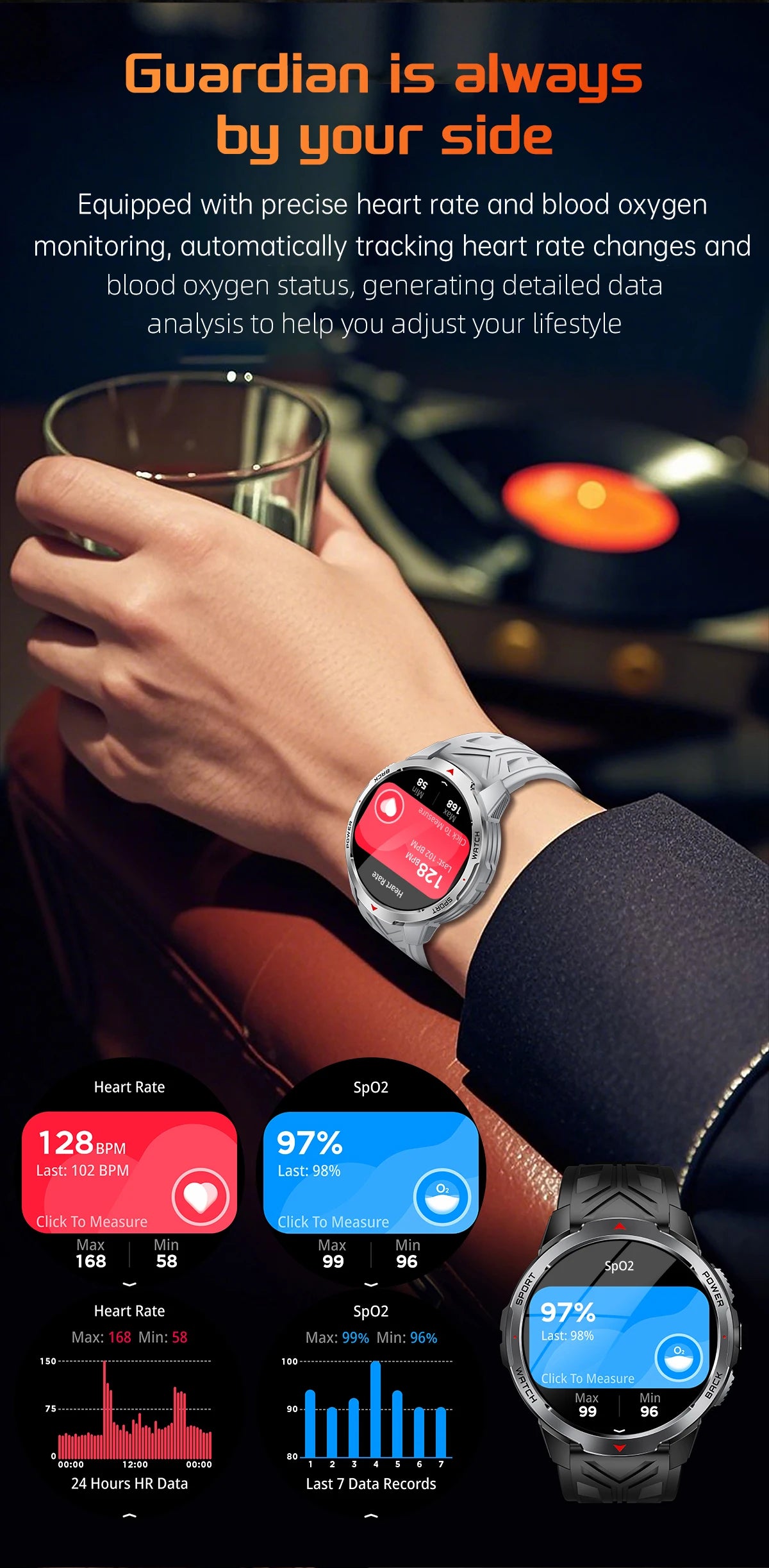 Reloj inteligente deportivo para exteriores para hombre, con batería grande de 1100 mAh, brújula, linterna LED, control del ritmo cardíaco, compatible con Android e iOS.