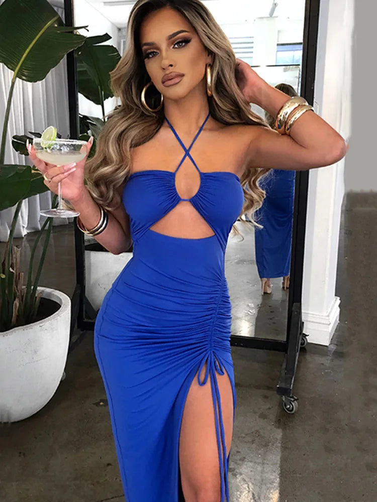 Vestido midi ajustado sin mangas, sexy, con espalda descubierta y escote en V para mujer, para fiesta y club nocturno