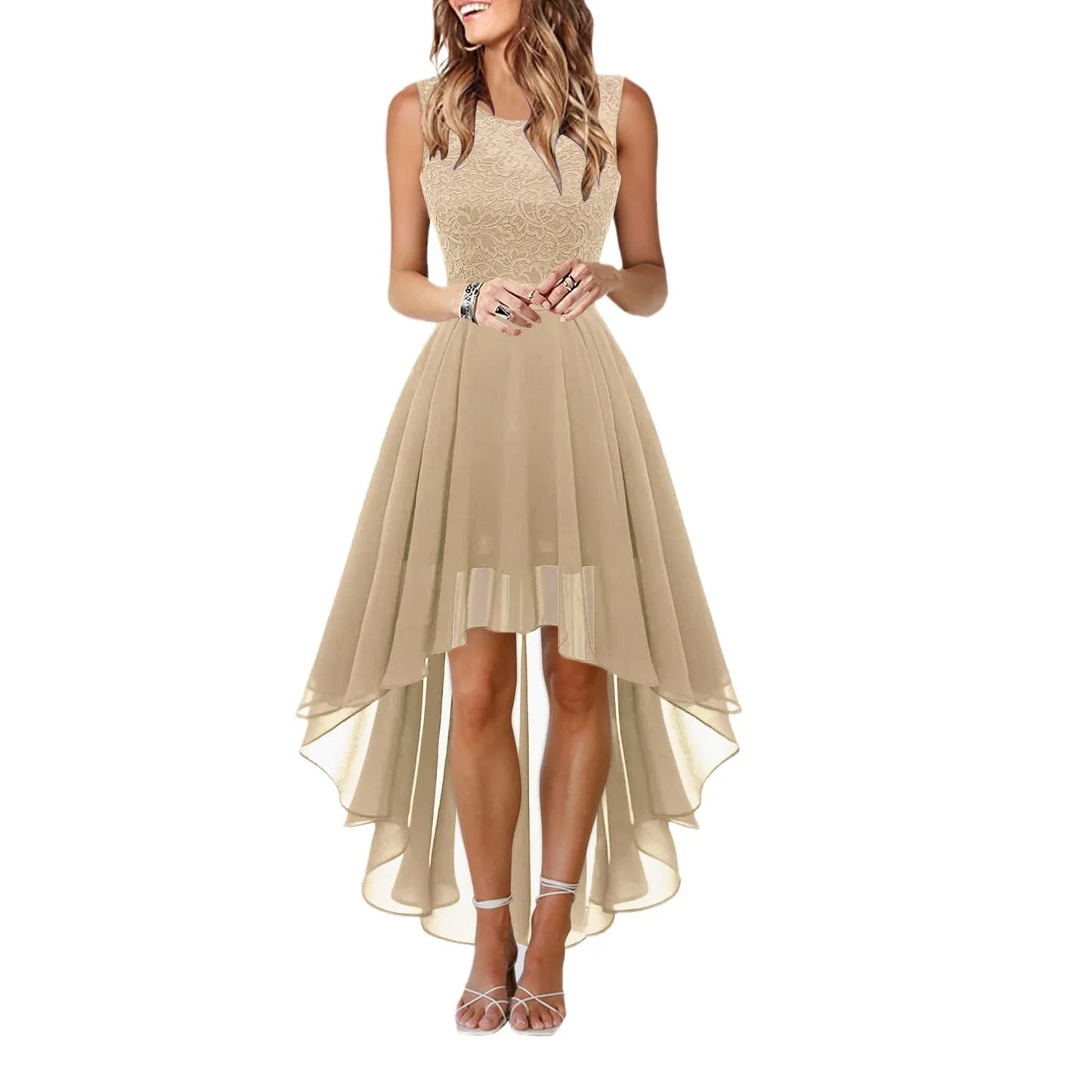 Primavera Verano 2025 Vestido de noche de encaje ceñido con cintura ahuecada Falda midi Sin mangas Cuello redondo Tejido de poliéster Cintura imperio