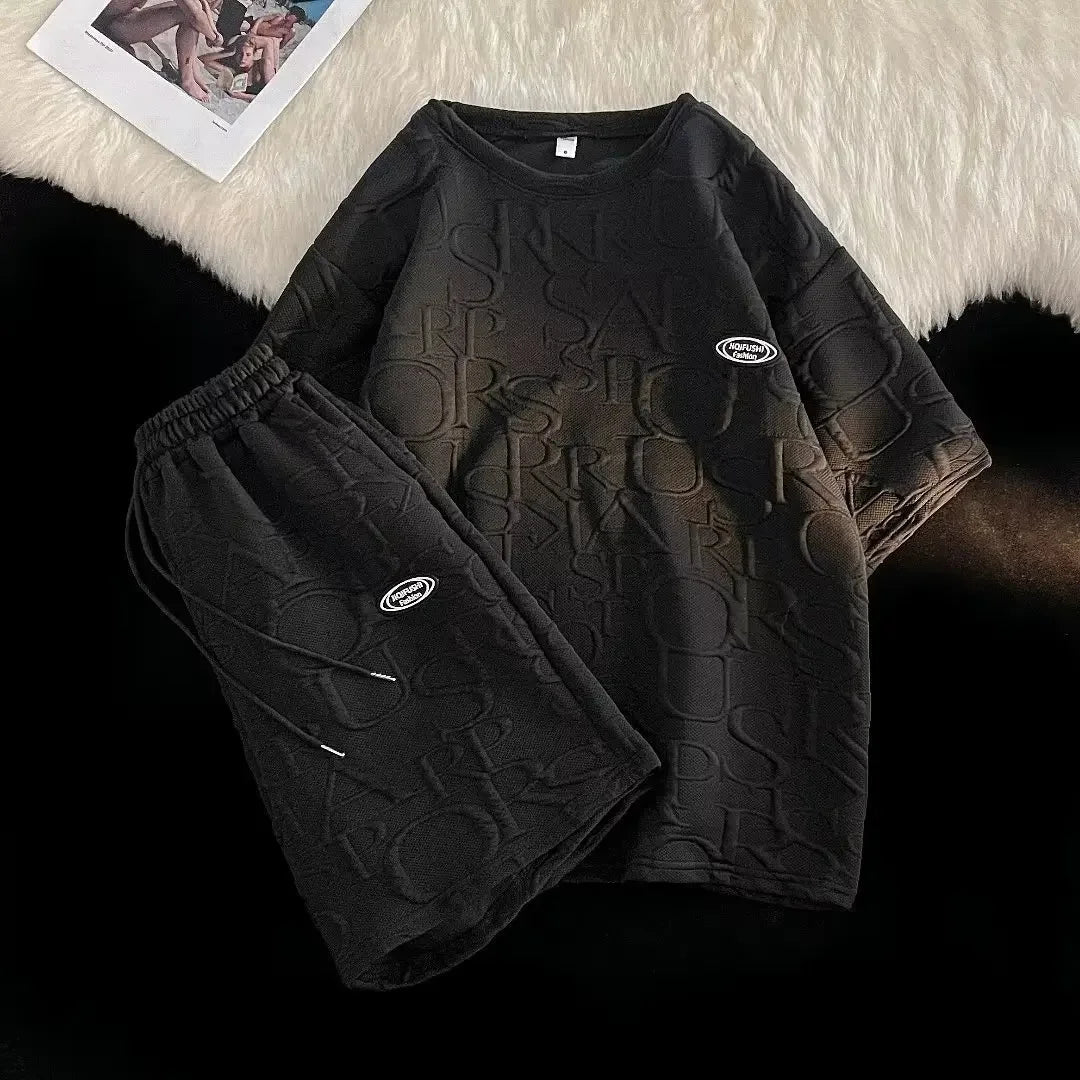 Conjunto de camiseta y pantalones cortos de manga corta para hombre, ropa deportiva informal de verano, corte holgado, marca de moda, largo de cinco cuartos, cómodo