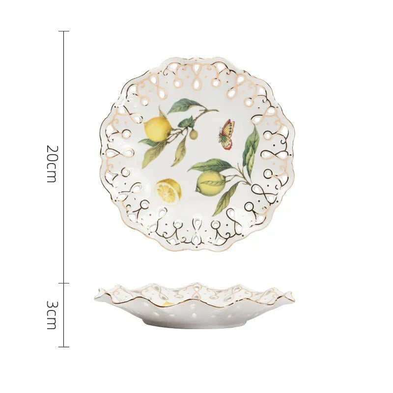 Plato de cerámica de estilo europeo para cena, elegante plato de carne con diseño de limón, juego de taza de café, plato de postre de cocina occidental
