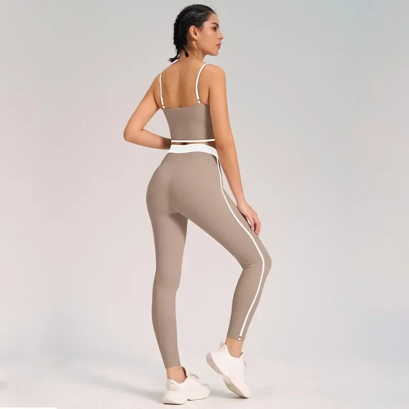 Traje de yoga deportivo para mujer, conjunto de entrenamiento de fitness, color melocotón, con espalda integrada, top de yoga, chaleco de cintura alta, top corto para levantar la cadera, pantalón de yoga para gimnasio