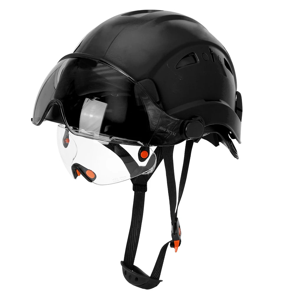 Casco de seguridad con patrón de fibra de carbono y gafas de doble visera para ingenieros, casco de seguridad CE ANSI ABS, gorra de trabajo industrial, rescate