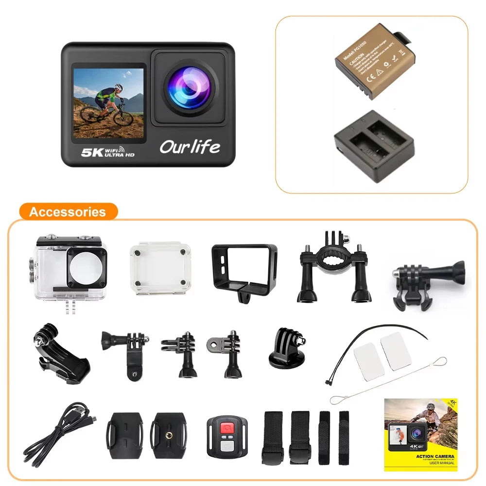 Cámara de acción Ourlife 5K 4K60FPS, pantalla táctil de 2.0 pulgadas, WiFi, gran angular de 170°, resistente al agua hasta 30 m, con casco, grabación de vídeo, cámaras deportivas.