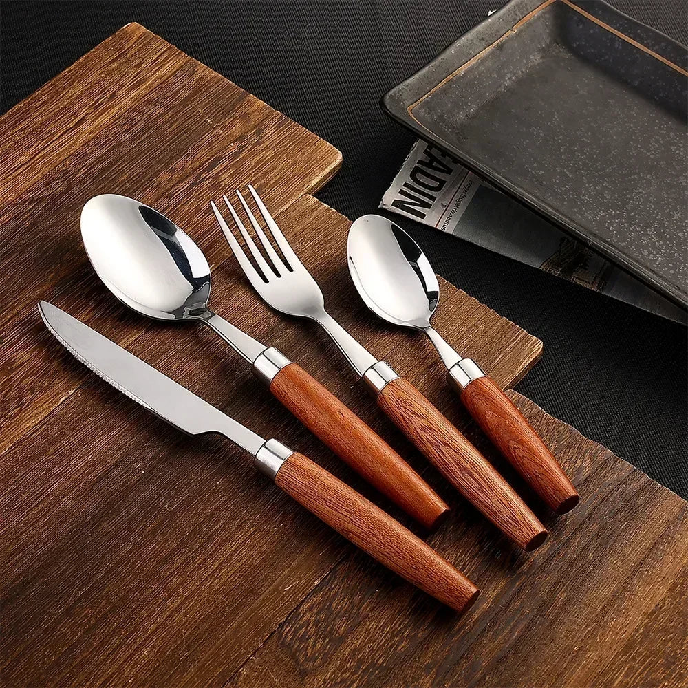 Juego de 4 cubiertos con mango de madera de acero inoxidable, cuchillo, tenedor y cuchara, apto para lavavajillas.