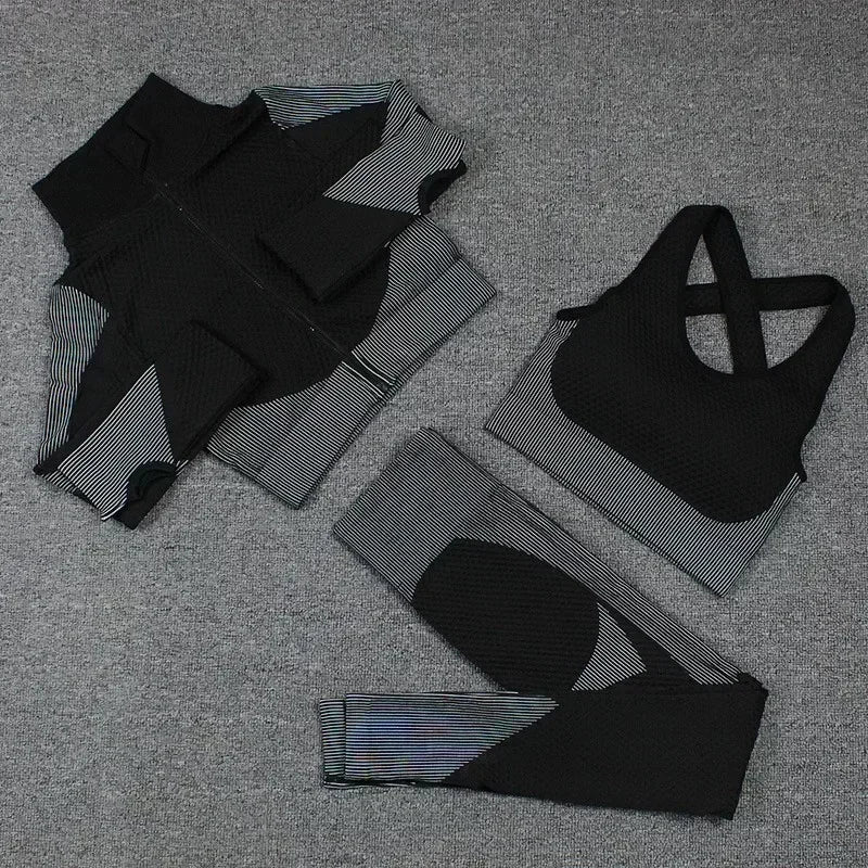 Conjunto de 3 piezas de yoga sin costuras, chaleco deportivo de fitness, pantalones de cintura alta que levantan la cadera, ropa de entrenamiento, conjunto de leggings de gimnasio para mujer