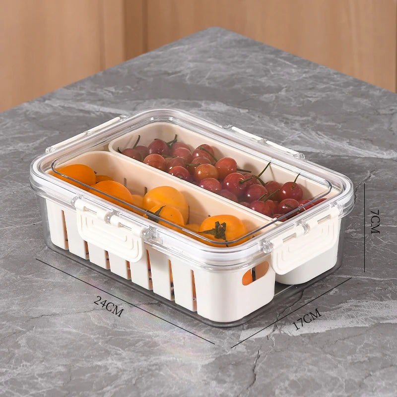 Caja de drenaje para cocina, contenedor de almacenamiento para intervalos, cesta de almacenamiento para refrigerador con asa, hecha de material PET, color blanco