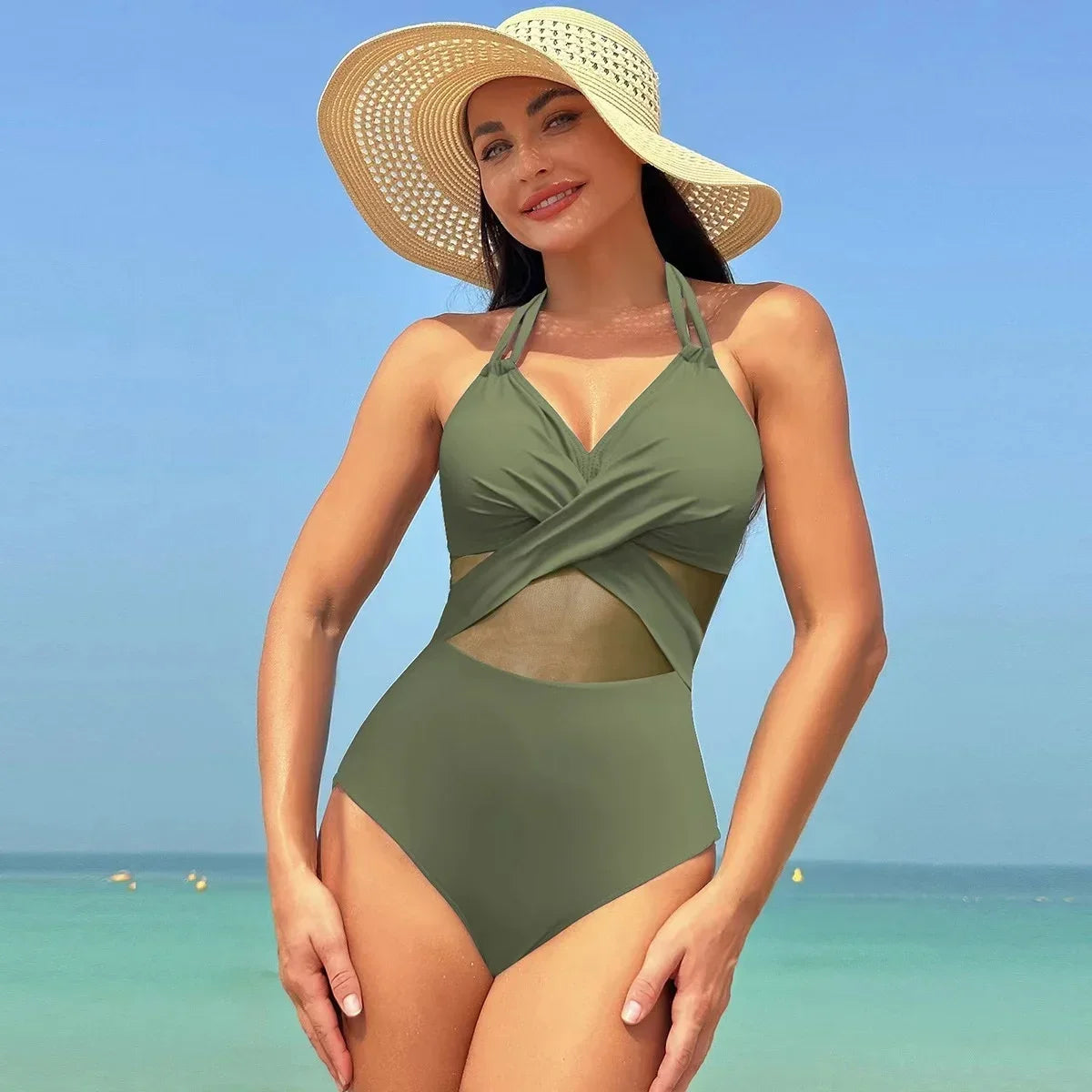2024 Women One Pieces Solid Swimsuits Sexy Swimwear Bathing Suits Rib Mesh V-neck Swimsuit Bathing Suit Beach Pool Bather