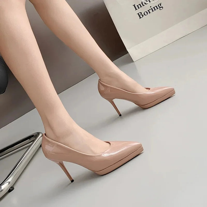 Tacones altos impermeables para mujer, sexys, color nude, plataforma fina de 12 cm, elegantes, versátiles, de punta puntiaguda, para mujer, boca baja S