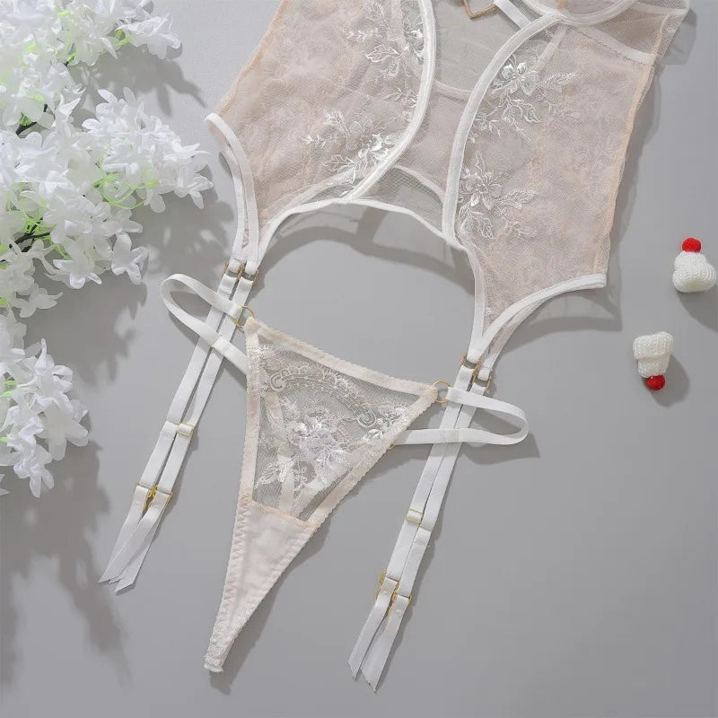 Tornova - Conjunto de ropa interior de encaje sexy para mujer, sujetador con bordado de flores, lencería sexy de malla transparente y decorativa con diseño de amor, nuevo