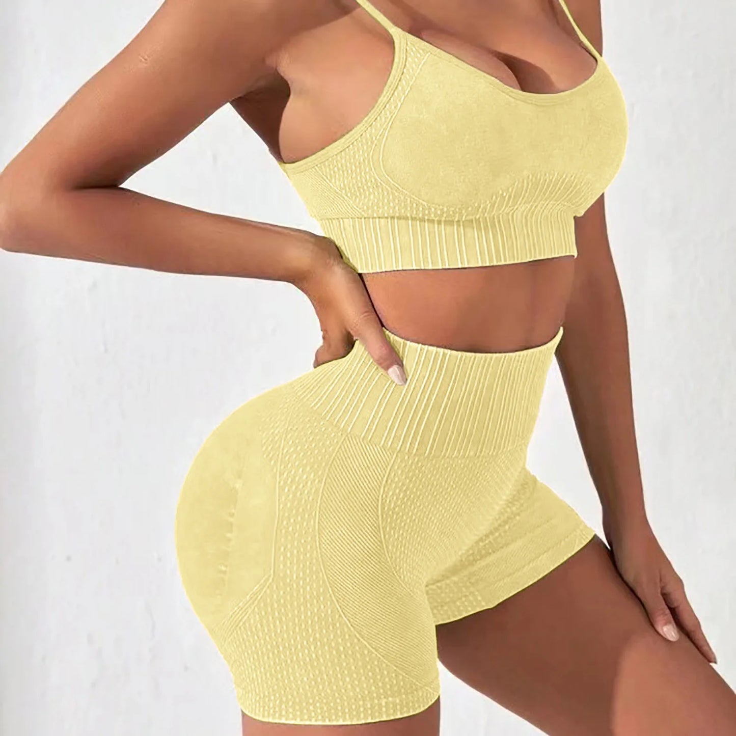 Conjunto de yoga, pantalones cortos de gimnasio, conjuntos para mujer, sin costuras, esmerilado, top corto de fitness, leggings de cintura alta, conjuntos deportivos, entrenamiento, correr, ropa deportiva