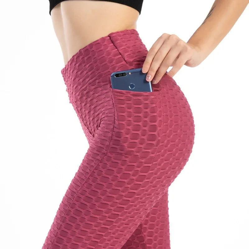 Leggings de cintura alta con efecto push-up de Amazon Europa, material de nylon, estampado jacquard, pantalones deportivos con bolsillo para mujer.