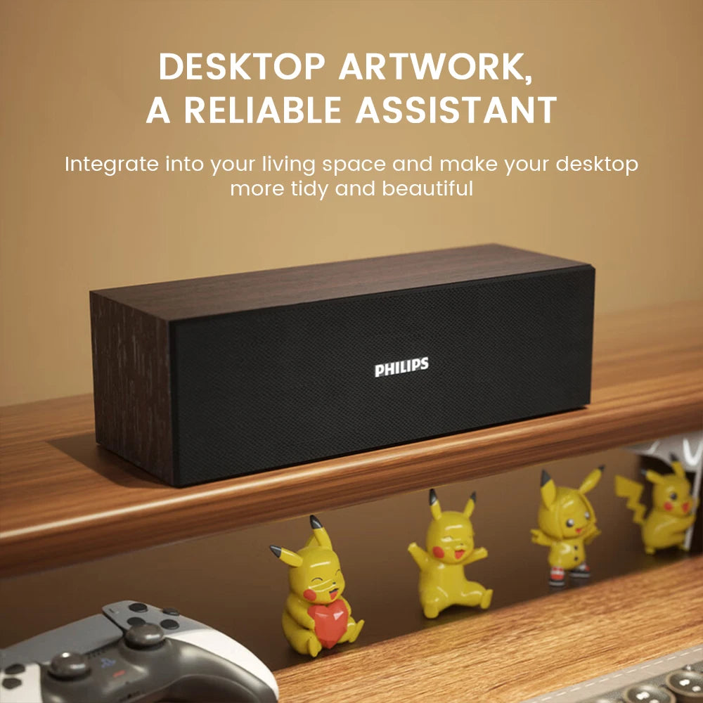 Altavoz de escritorio PHILIPS SPA3609 con controlador dinámico de 53 mm, voz humana pura, efecto de sonido envolvente y diseño de carcasa de madera.
