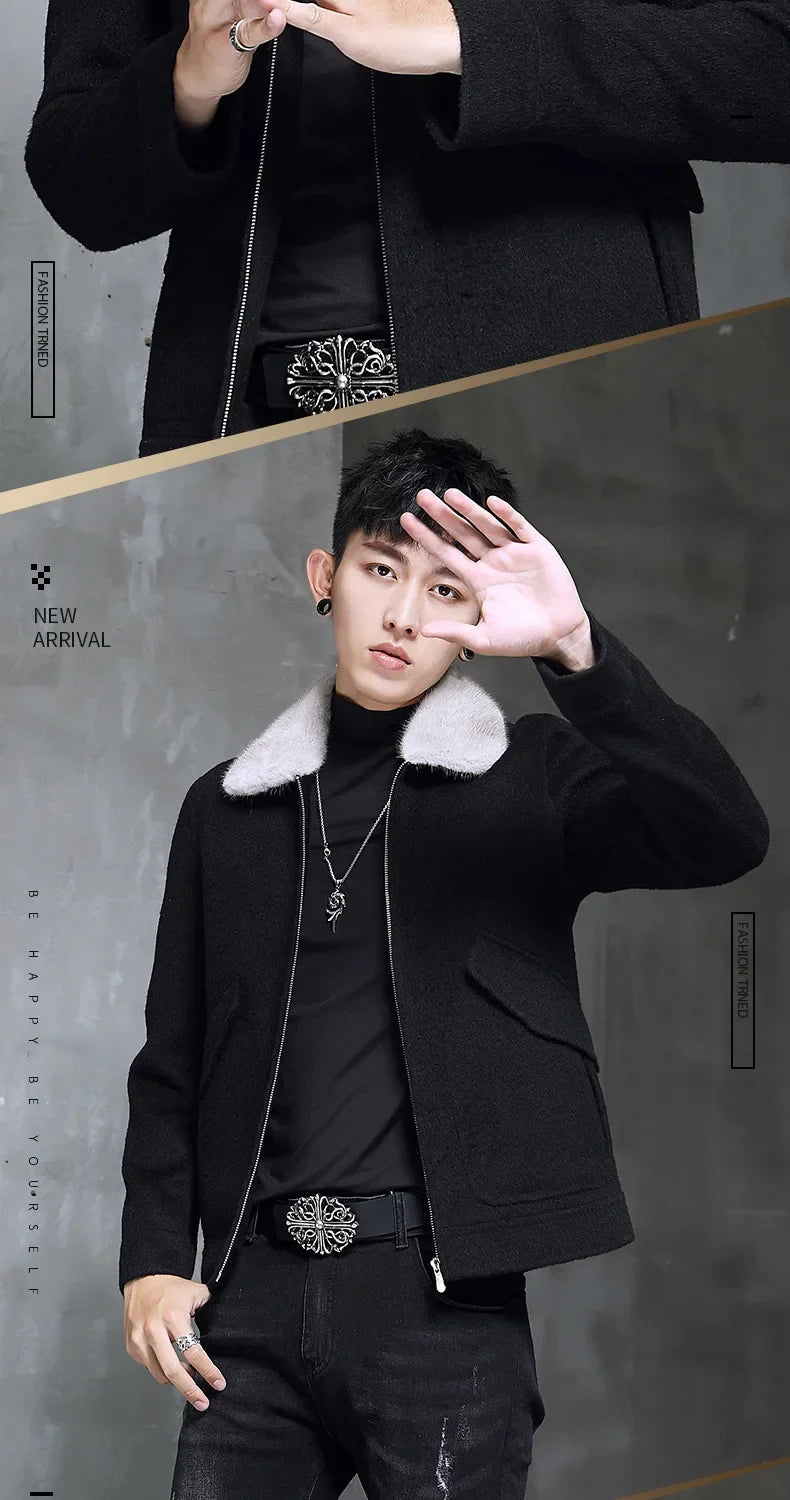 AYUNSUE Spring Autumn Wool Coat Men Double-sided Alpaca Jacket Mink Fur Collar Mens Coats and Jackets Overcoat 1970B KJ3859