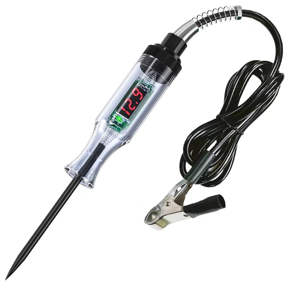 Probador de circuito automotriz con luz de prueba, 3-48 V CC, pantalla LCD digital, cable de resorte prolongador para sedán, SUV, RV, camión y cortadora de césped.
