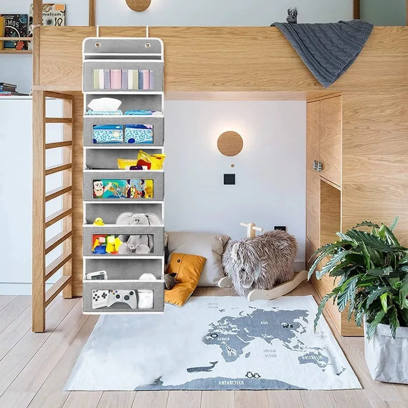 Organizador de almacenamiento colgante de 5 estantes, con puerta trasera, antivuelco, 5 bolsillos de gran capacidad, ideal para dormitorio y baño.