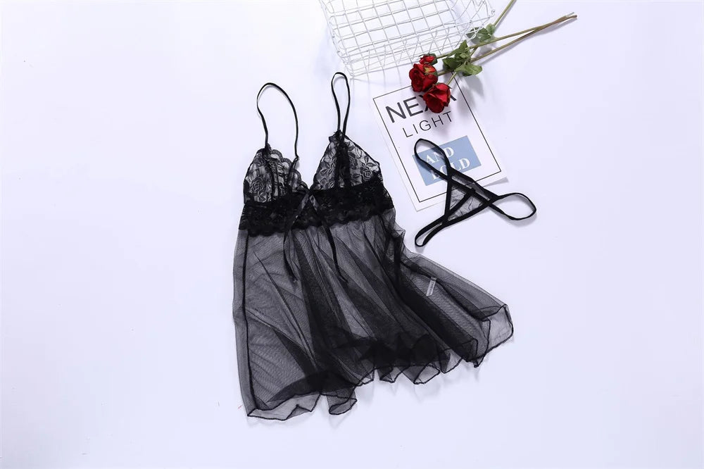 Lencería sexy para mujer, pijamas sin entrepierna, vestido de noche de encaje, ropa interior femenina exótica, camisón, tanga, disfraces eróticos