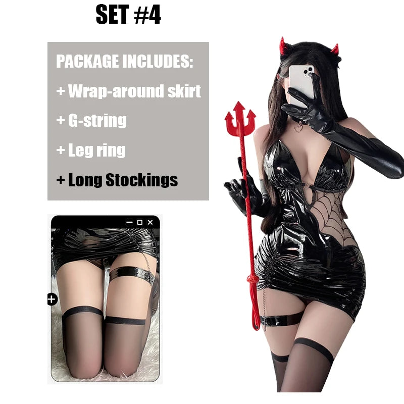 Porn Women Sexy Lingerie Seductive Spiderweb Faux Leather Bodycon Dress Tight Hip Halloween Outfit Stocking