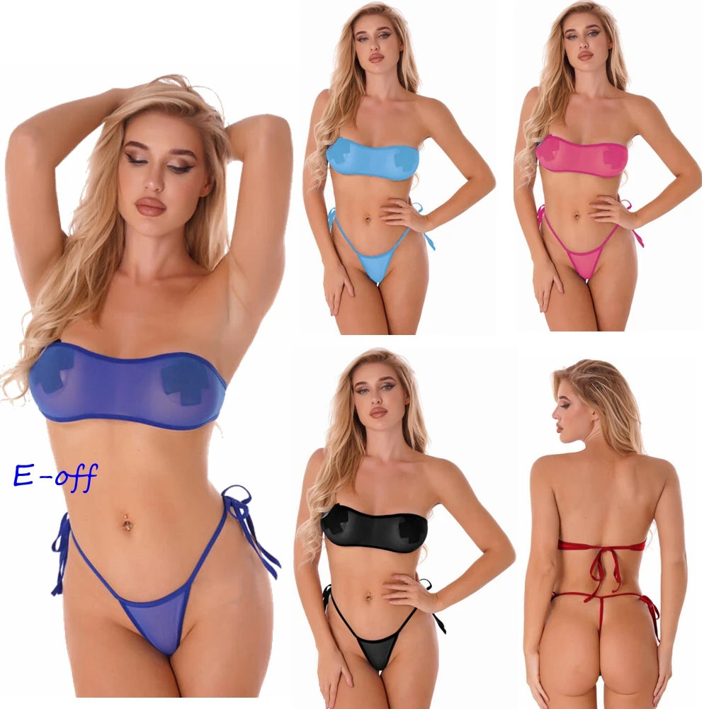 Traje de baño de malla transparente para mujer, conjunto de bikini triangular con microcordones y tanga, traje de baño de 2 piezas, ropa de playa sexy, bikini