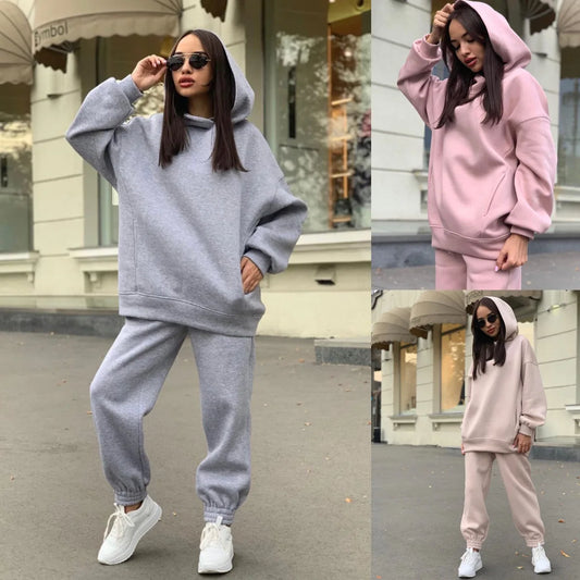 Conjuntos de dos piezas de forro polar para mujer, elegantes, de color sólido, con capucha extragrande y pantalones largos, chándal deportivo para otoño e invierno 2023.