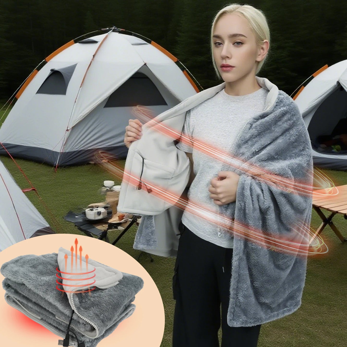 Manta térmica portátil USB de 5 V, con 5 niveles de calor, inalámbrica y con cremallera para mujer.