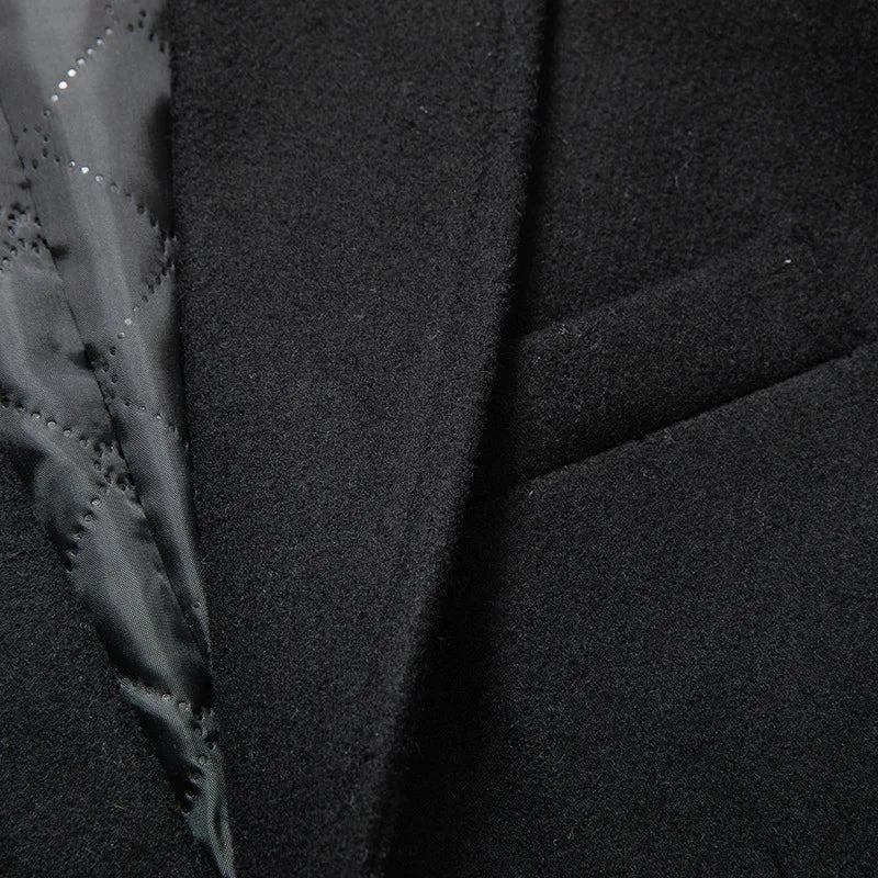 Black Men Wool Long Trench Coat Stylish Single Breasted Quilted Lined Wool Blend Pea Coats Men Winter Cashmere Coat Windbreaker