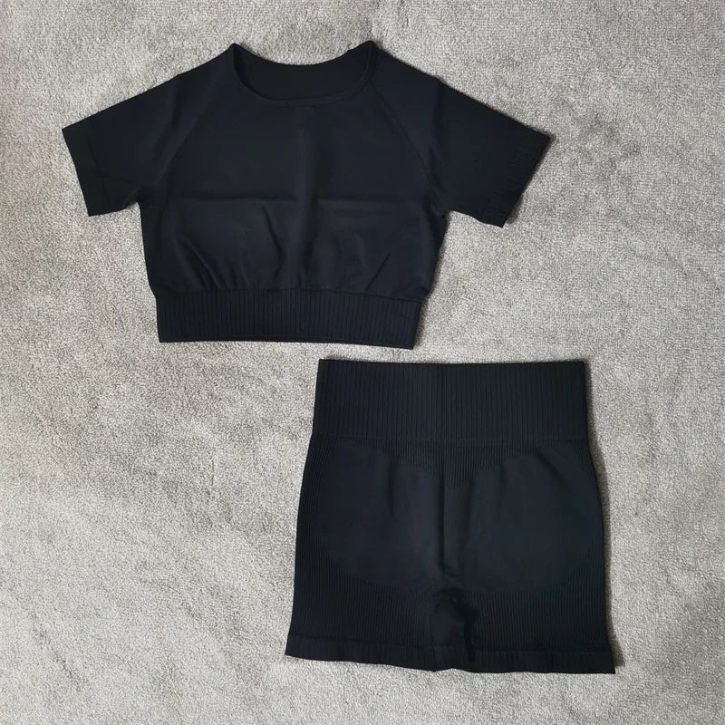 Conjunto de yoga fitness sin costuras para mujer, ropa deportiva de cintura alta, leggings, pantalones cortos de dos piezas, ropa de gimnasio para mujer