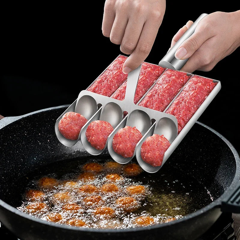 Molde de acero inoxidable para hacer albóndigas, ideal para preparar fácilmente albóndigas caseras, ensaladas y sándwiches, perfecto para cocinar en familia.