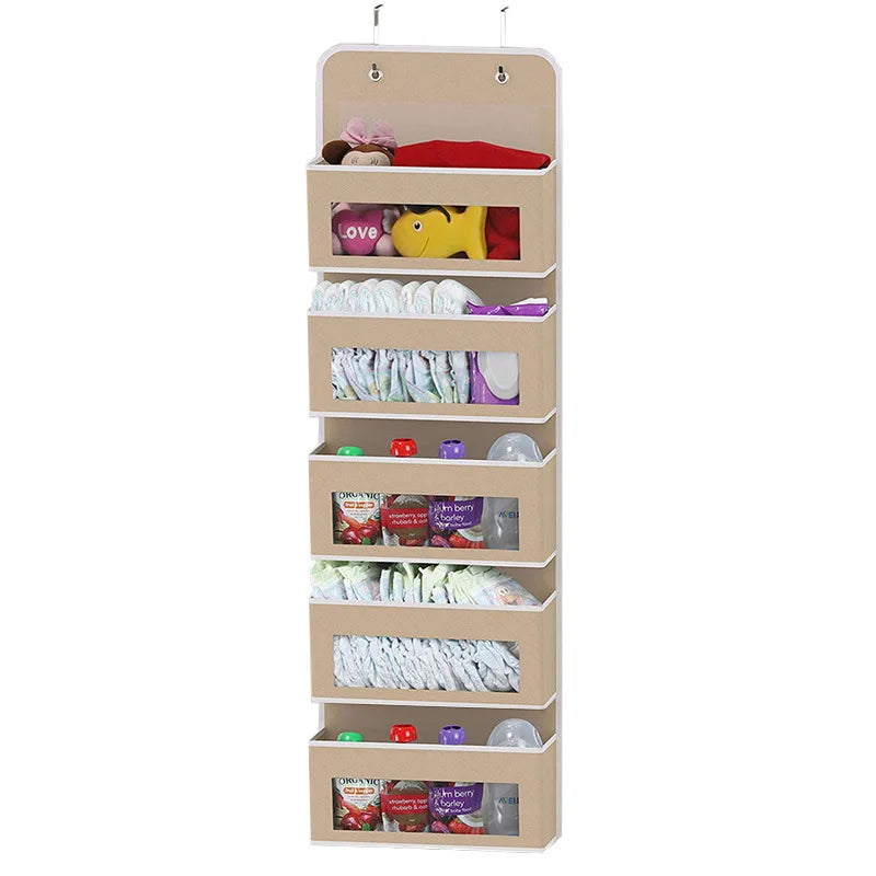 Organizador de almacenamiento colgante de 5 estantes, con puerta trasera, antivuelco, 5 bolsillos de gran capacidad, ideal para dormitorio y baño.