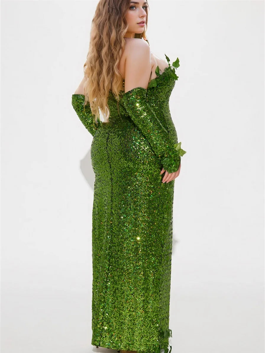 Women's Sexy Halloween Costume Deluxe Green Sequin Ivy Maxi Dress 3 Piece Poisonous Villain Cosplay Costume Set