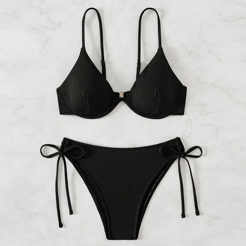 Bikini sexy fruncido sin espalda para mujer, con tirantes de color puro, soporte de acero, traje de baño separable, moda 2024, nuevo modelo, gran oferta