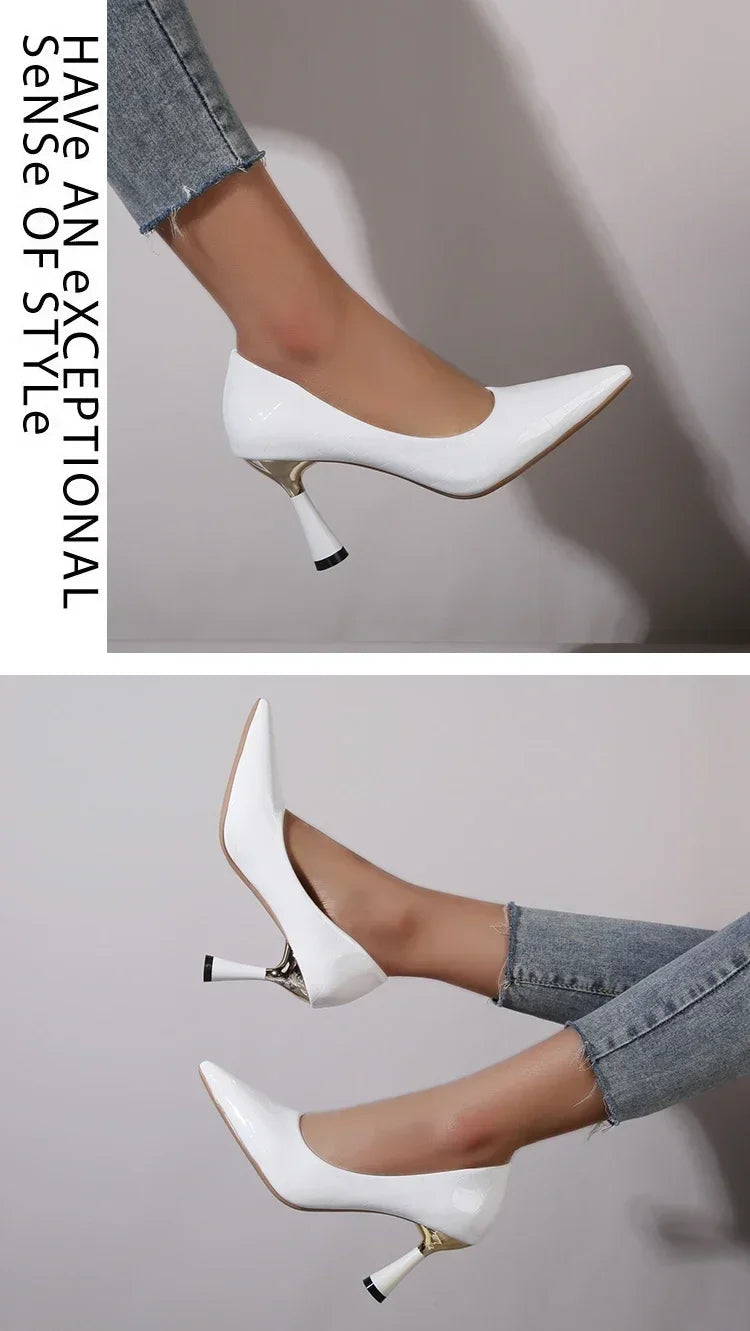 Zapatos Mujer 2024 Tendencia Nuevo Verano Tacones Rojos Elegante Mujer Tacón Negro Punta Puntiaguda Zapatos de Vestir Cuero Blanco Zapatos de Dama