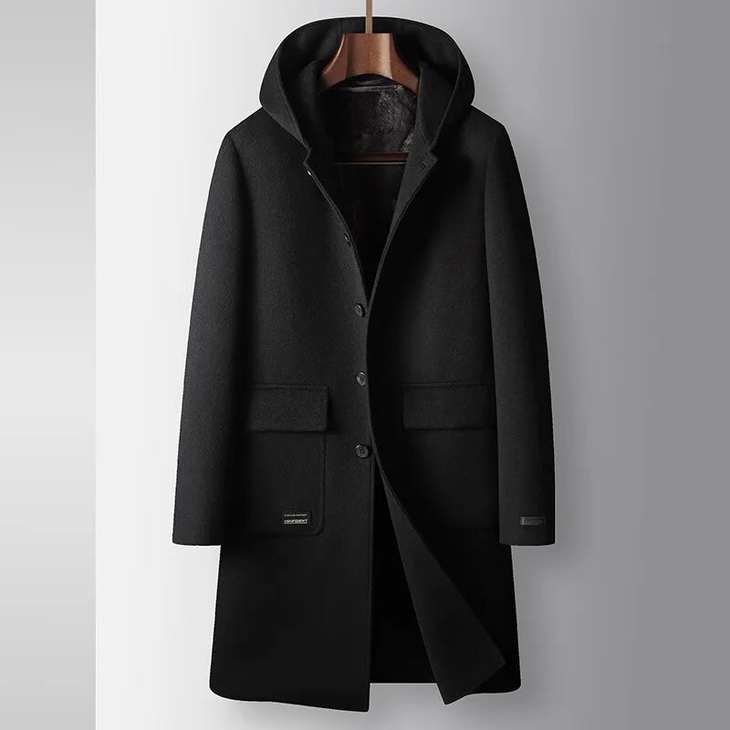 2024 Winter New Men's Hoodie Medium Long Woolen Coat Rabbit Plush Thick Warm Casual Coat High end Fabric 100% Pure Wool