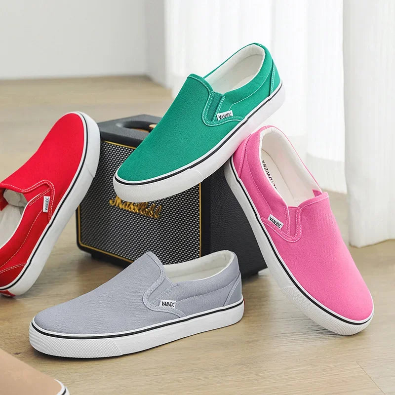 Zapatos casuales de lona sin cordones para mujer, primavera otoño, color liso, suela de goma, cómodos, forrados de algodón, estilo urbano, calzado para estudiantes