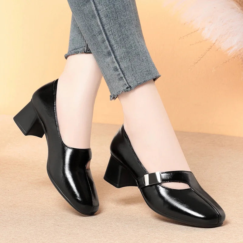 Zapatos Mary Jane vintage de 5 cm, transpirables, cómodos, de boca baja, de piel suave, para mujer, primavera 2025, tacones de bloque medianos para oficina, mamá