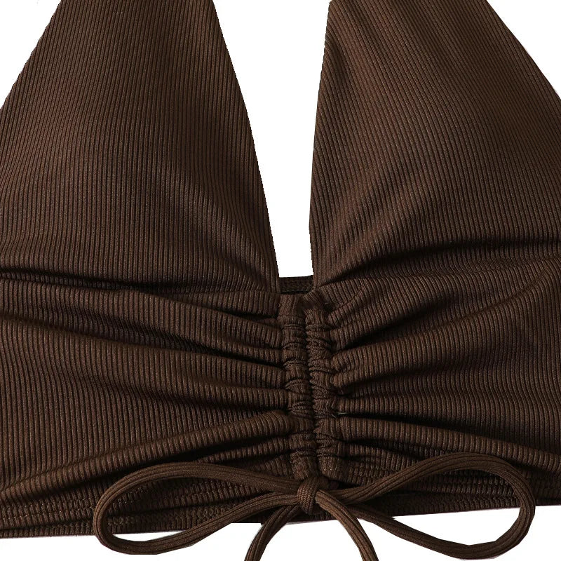 Bikini sexy de cintura alta para mujer, traje de baño de dos piezas, conjunto de bikini brasileño marrón, 2024