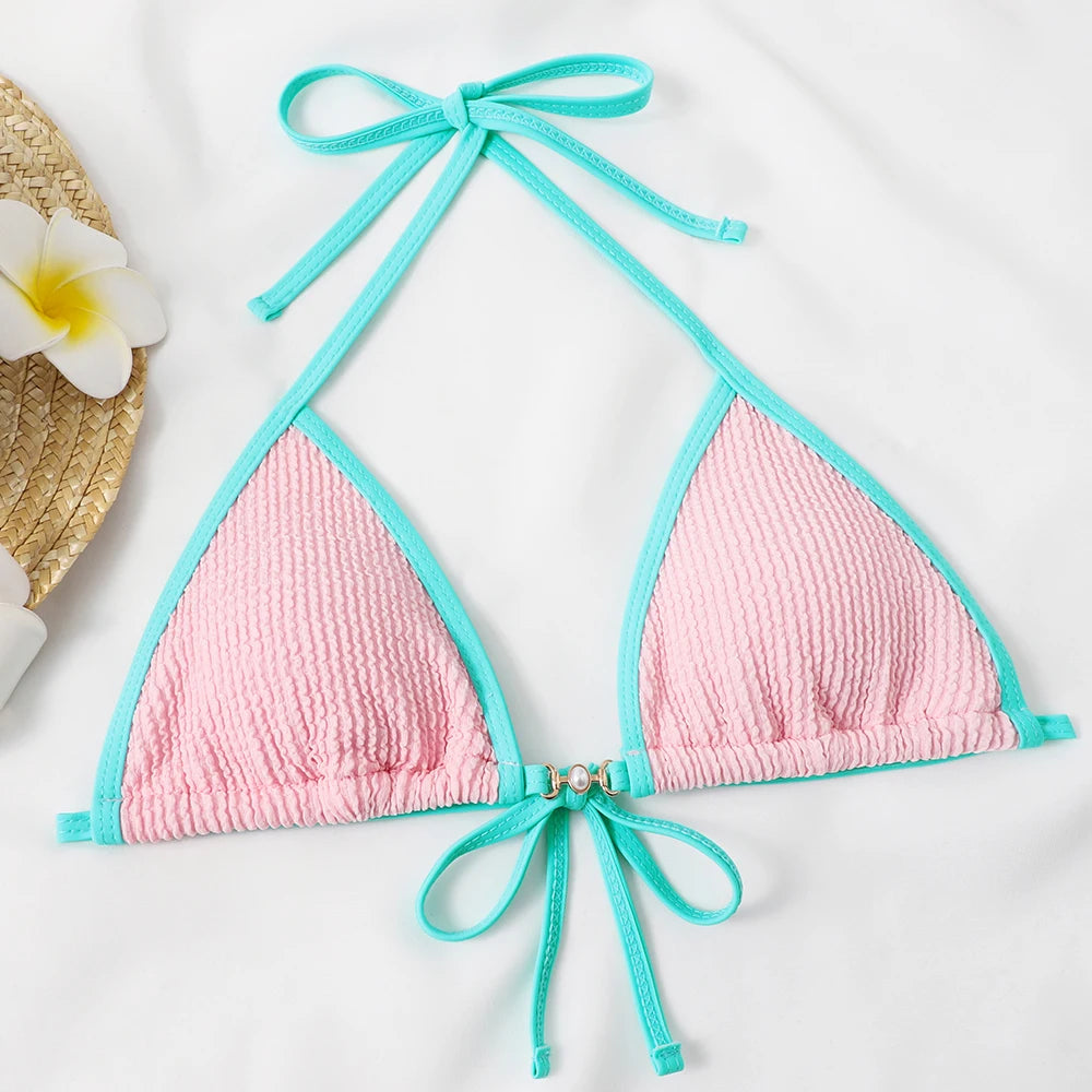 Traje de baño para mujer 2025, traje de baño de dos piezas con cuello halter, conjunto de bikini para mujer, ropa de playa de verano, traje de baño con cordón ajustable, tanga, copa triangular