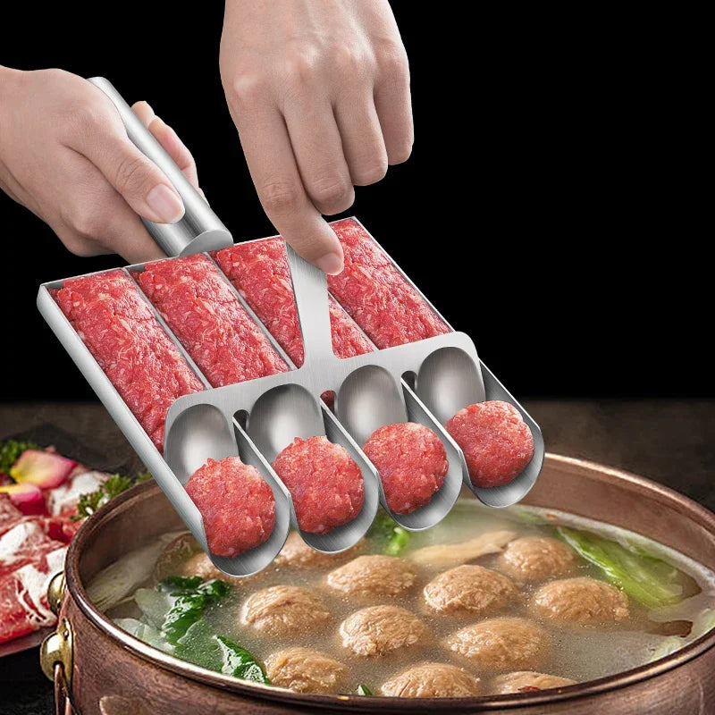 Molde de acero inoxidable para hacer albóndigas, ideal para preparar fácilmente albóndigas caseras, ensaladas y sándwiches, perfecto para cocinar en familia.