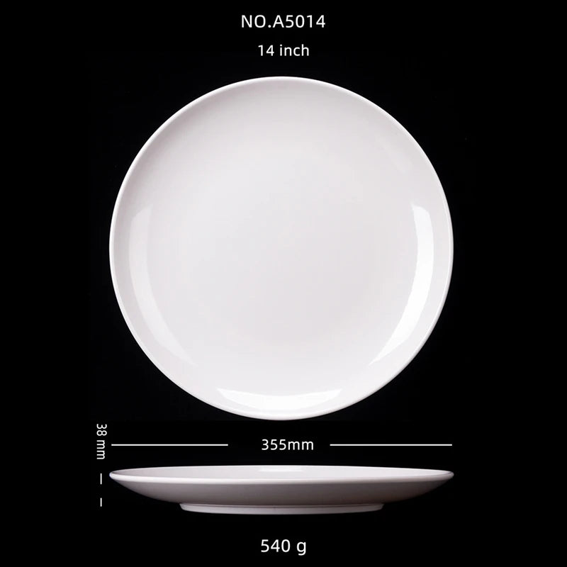 Plato redondo de melamina blanca de 8-14 pulgadas para cena, bandejas para carne estilo occidental, vajilla de hueso para postre, platos de plástico de imitación de porcelana.