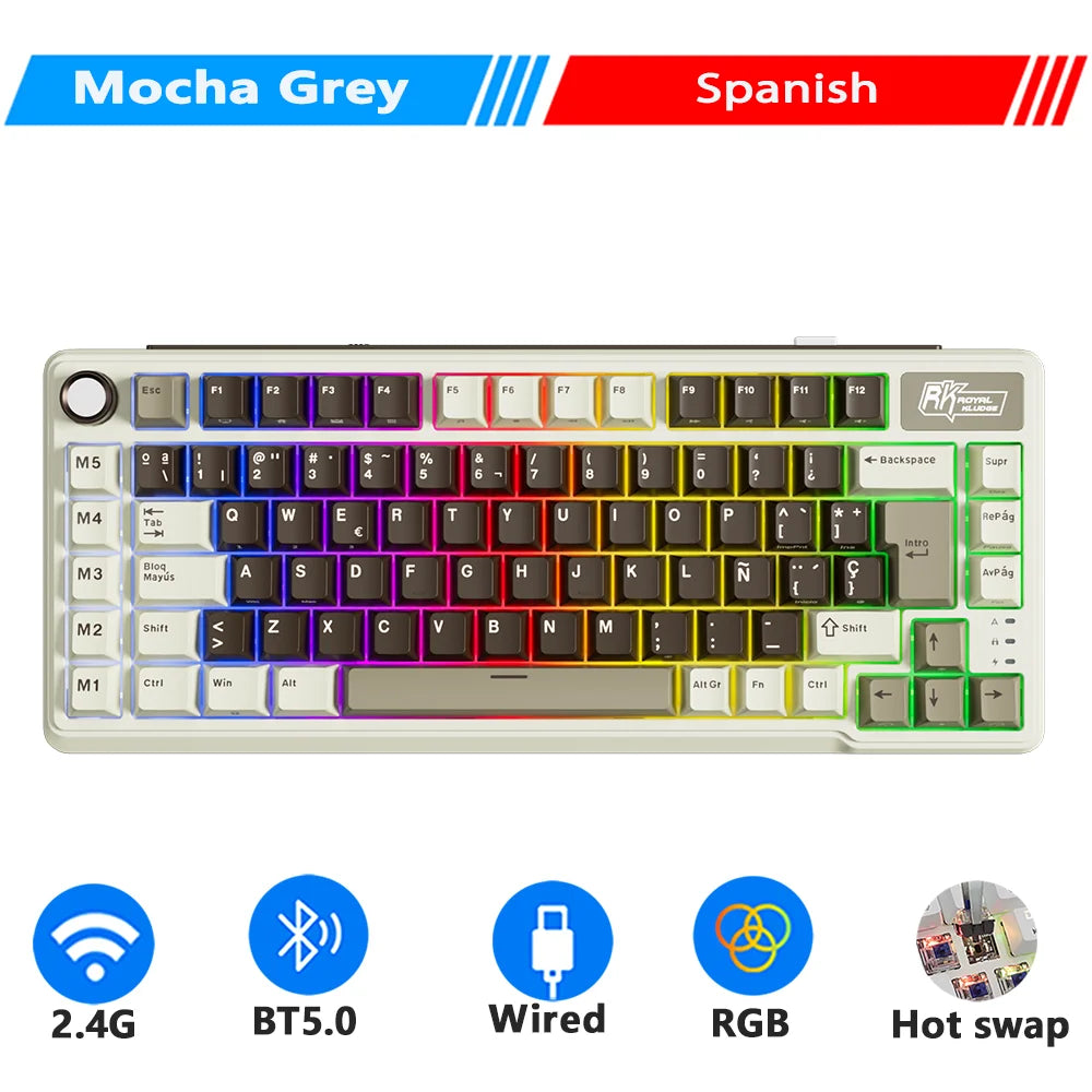 RK ROYAL KLUDGE L75 Teclado mecánico personalizable con cinco teclas de acceso directo, estructura de junta, retroiluminación RGB de tres modos, teclado para gamers