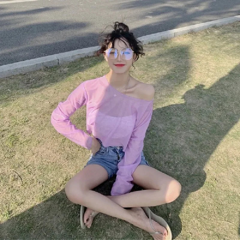 Ropa de protección solar transparente de color puro para mujer, camiseta de manga holgada, conjunto de pareja, camisa básica, ropa bonita para mujer, tendencia