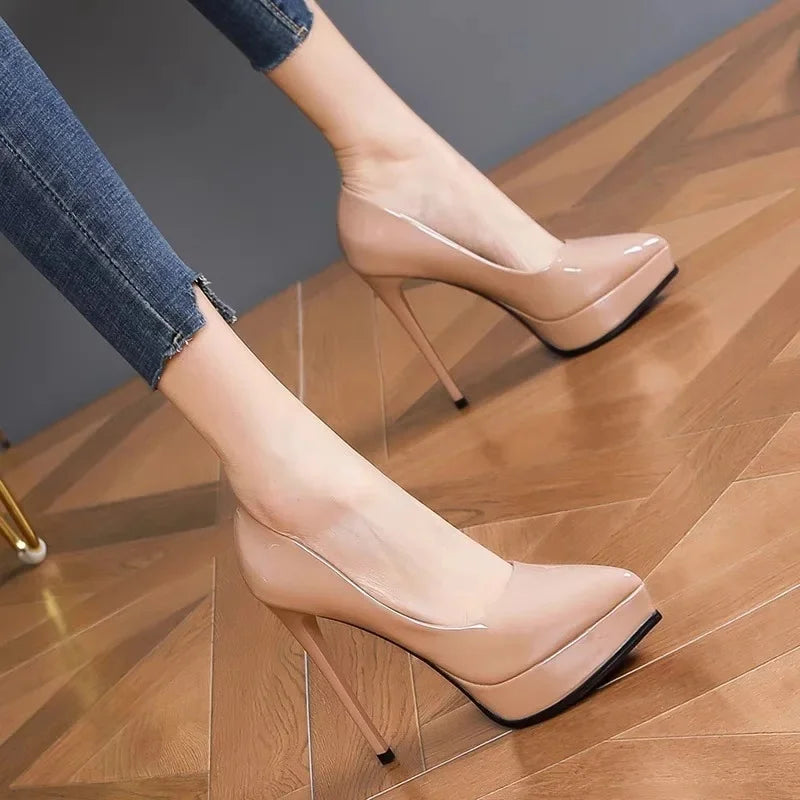 Tacones altos impermeables para mujer, sexys, color nude, plataforma fina de 12 cm, elegantes, versátiles, de punta puntiaguda, para mujer, boca baja S