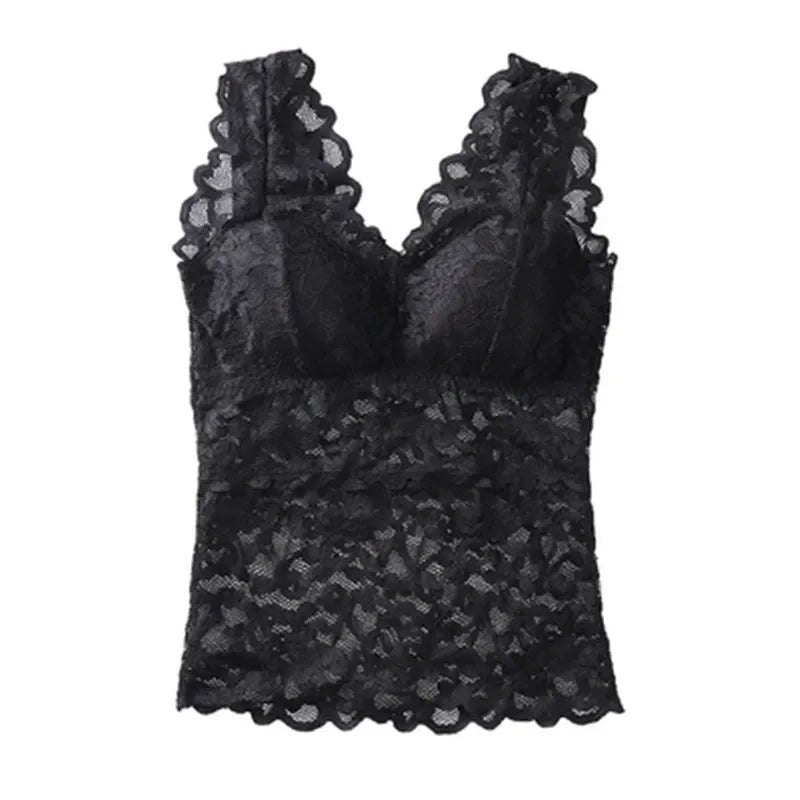 Camiseta de tirantes de encaje de talla grande para mujer, de longitud media, estilo fino de verano con almohadilla para el pecho, capa base, ropa interior exterior