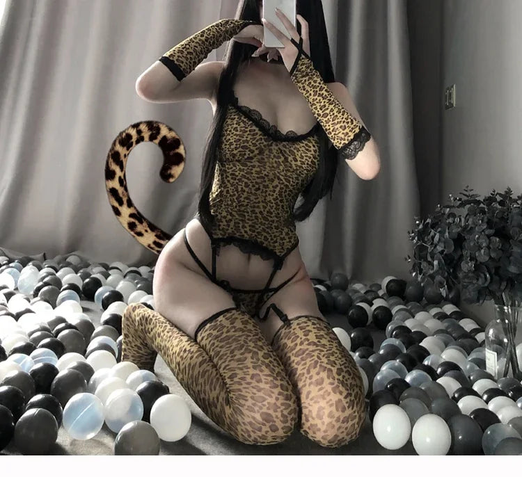Erotic Sexy Lingerie Bodysuit Women Teddy Leopard Cat Girl Cosplay Costumes Anime Maid Love Live Temptation Uniform with Socks