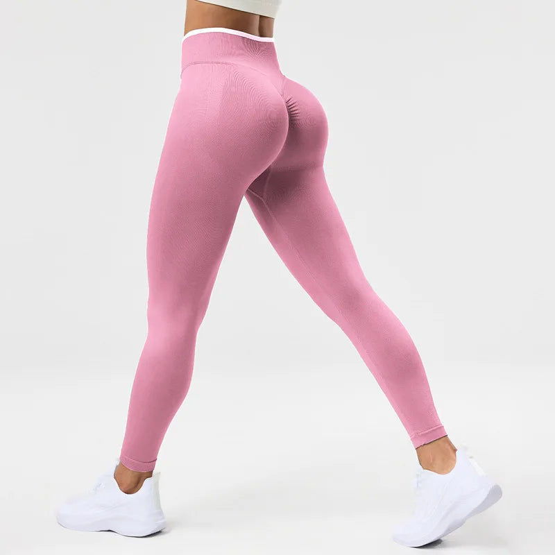 VEQKING Color Contrast Sports Women Yoga Pants Ignite Sculpt Scrunch Sports Leggings Seamless Push Up Gym Elastic Workout Tights